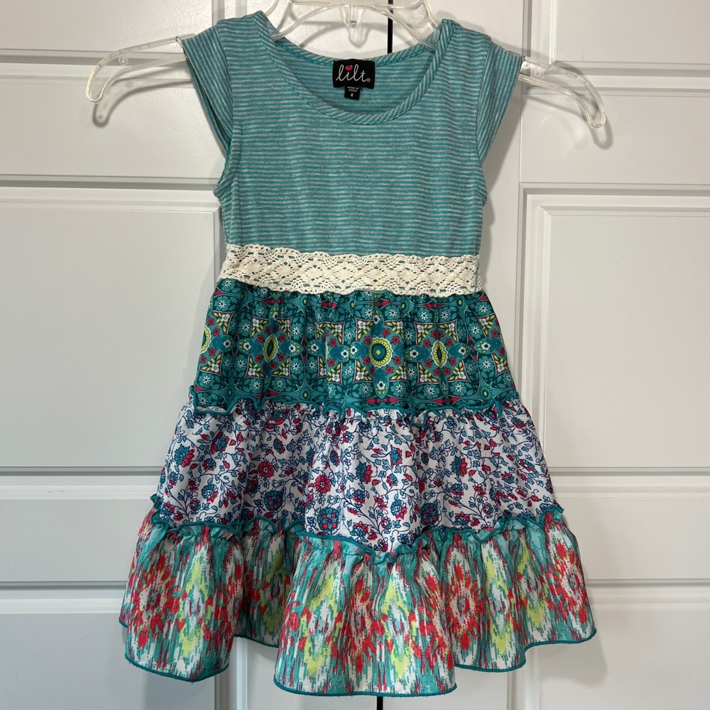 Lilt Teal Tiered Dress Striped Top‎ Ribbon Boho Casual Girls Size 4